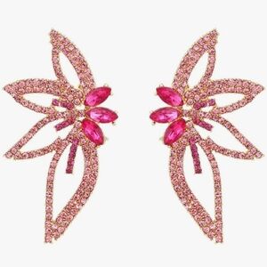 Pink Crystal Abstract Flower Outline Earrings Art Deco Rhinestone Petals Wings